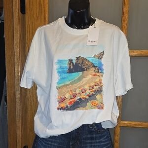 White Ptp 23" Large Men Sz Unisex Look Graphic T-Shirt with Beach Scene